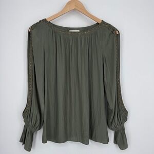 Ramy Brook Clara Slit Sleeve Embellished‎ Top Womens XS Sage Green Studded Boho